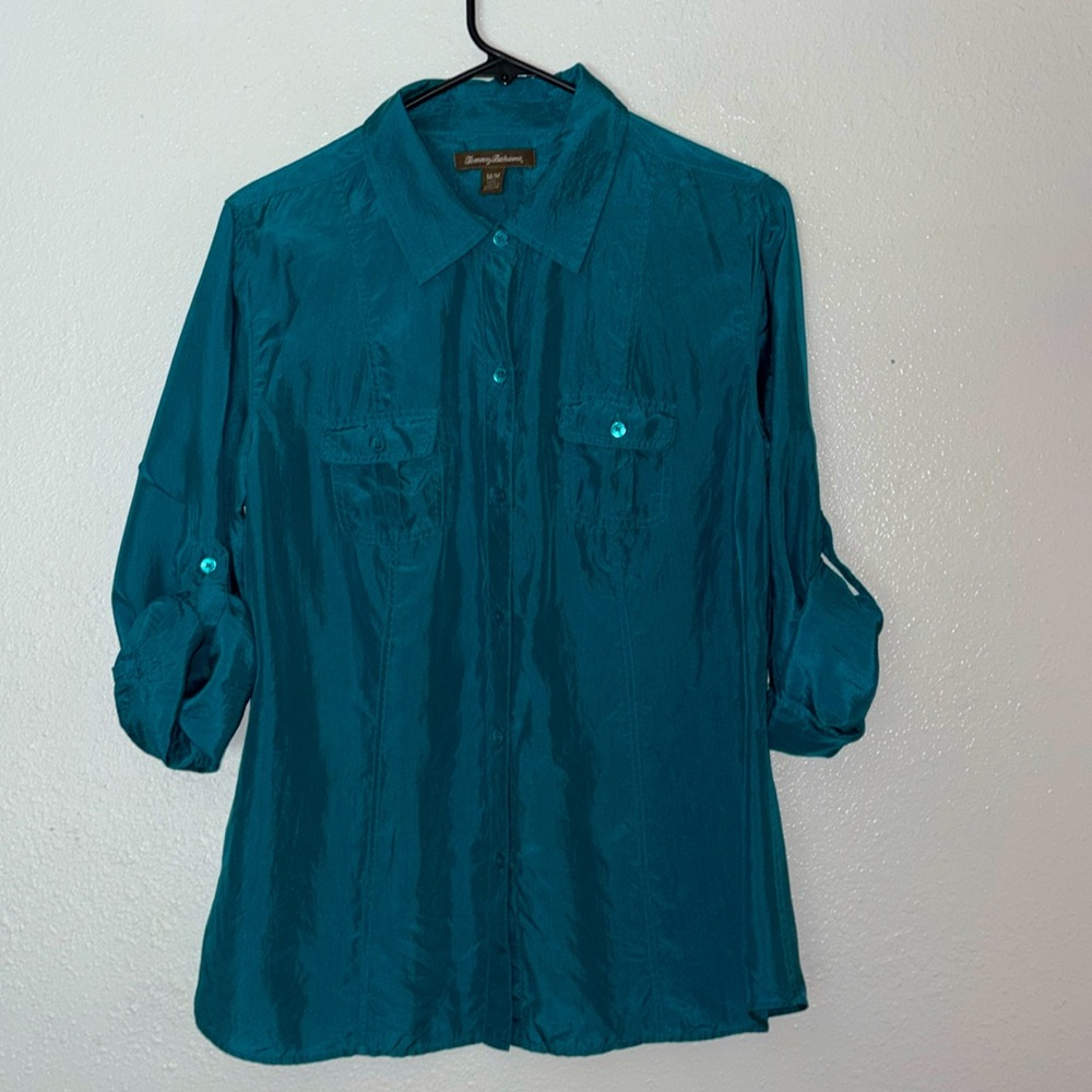 Tommy Bahama Turquoise 100% Silk Button-Up Collared Shirt M